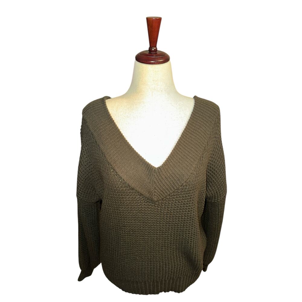 Xenana oversized green deep v off shoulder waffle knit sweater sz xs fits large